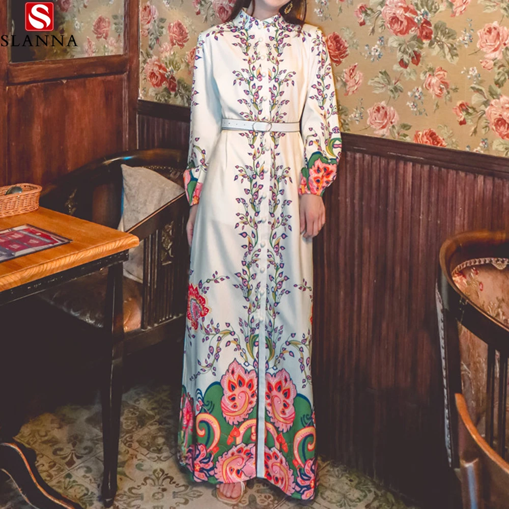 

Snanna 2021 fashion long sleeve romantic holiday dress with lantern sleeve positioning printing women long dress, Black/customized