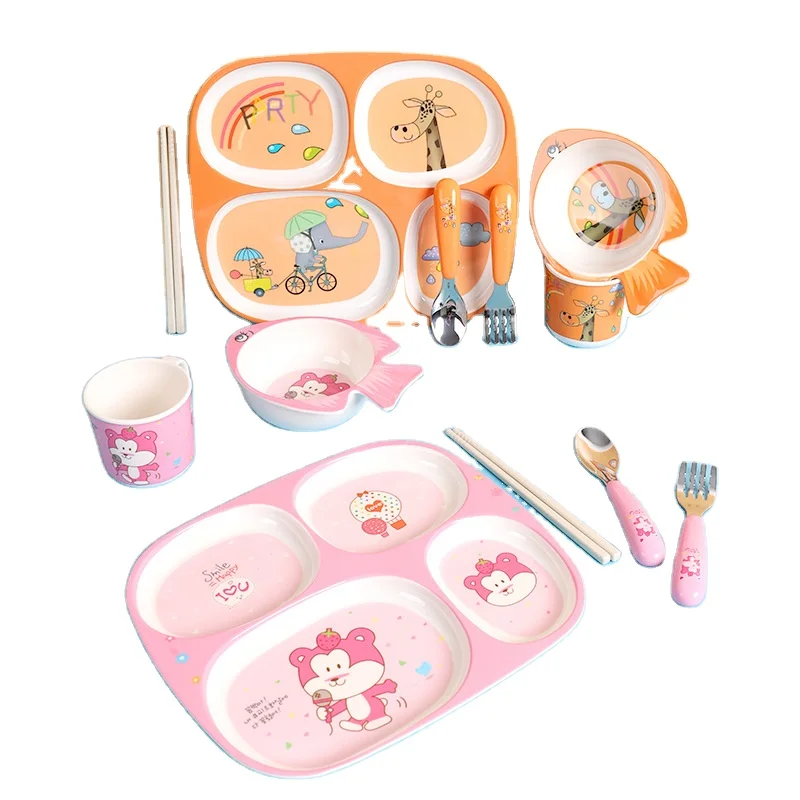 

Children cartoon tableware sub-grid meal plate bowl cup spoon fork chopsticks six set