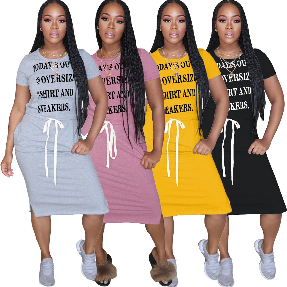 

Wholesale hot sales Short sleeve casual long dresses Letter print drawstring dress women dresses casual
