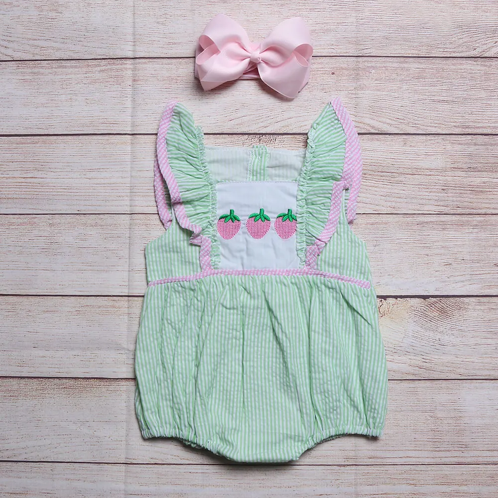 

2022 Hot Baby Girls Romper Pink strawberry in green style patterned summer fly-sleeve Girls Romper, As the pic show