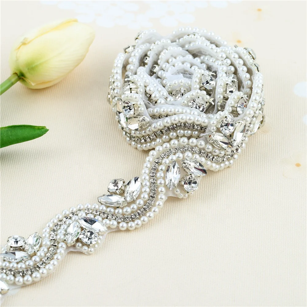 

LG1087 Wedding Belt bridal sash rhinestone pearl beads dress applique chain trim, Silver&white