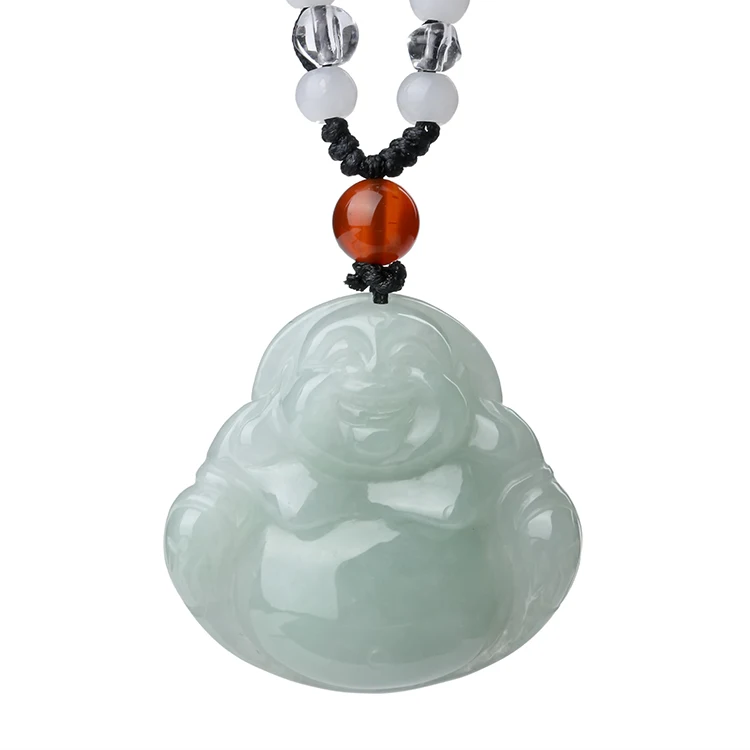 

Natural Jadeite Carved Laughing Buddah Necklace Jade Pendant