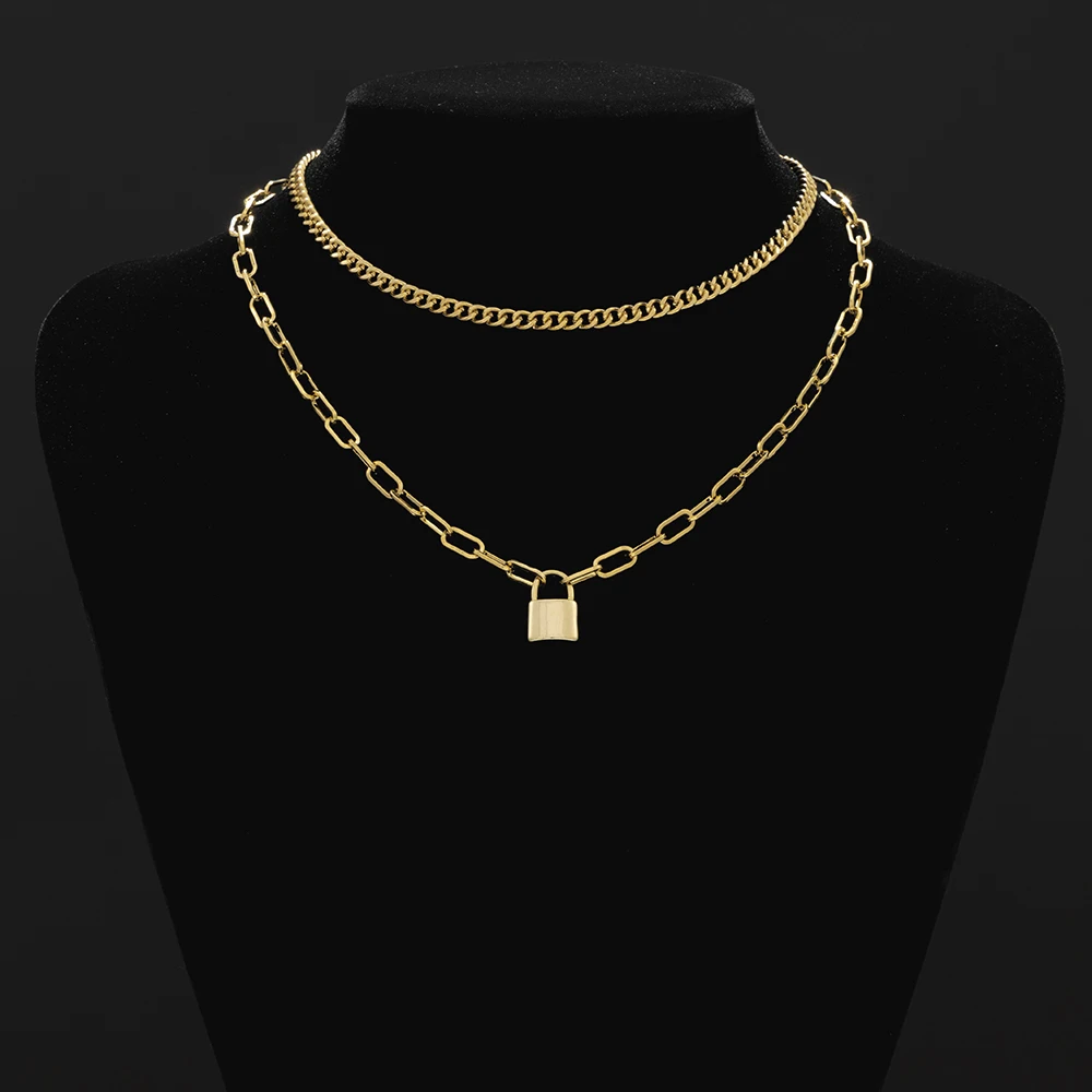 

trendy double multi layered cuban link chain gold plated necklace for women man