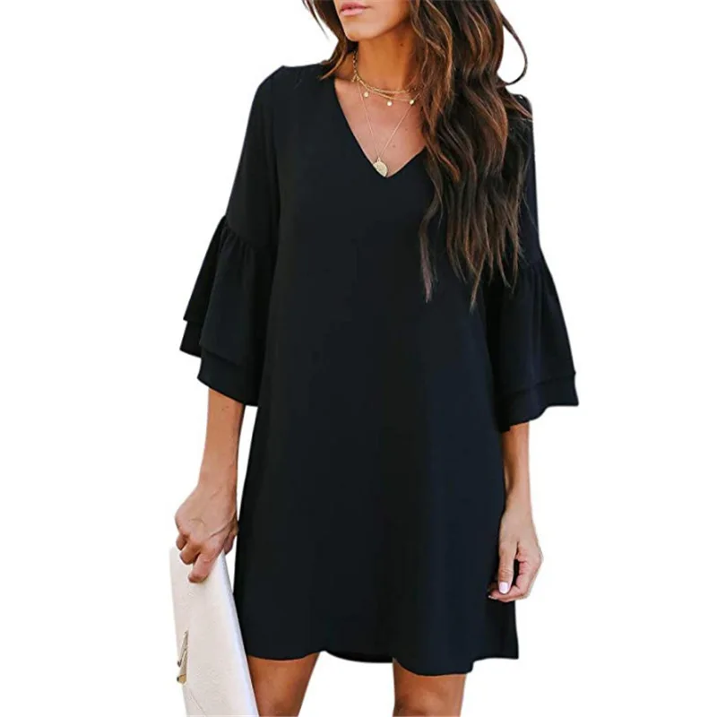 

Women's Dress Sweet & Cute V-Neck Bell Sleeve Shift Dress Mini Dress, Picture color