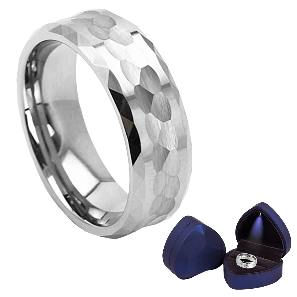 

Energinox Exquisite Craftsmanship 8mm Multi-Faceted Silver Hammered Matte Finish Wedding Tungsten Carbide Ring for Men