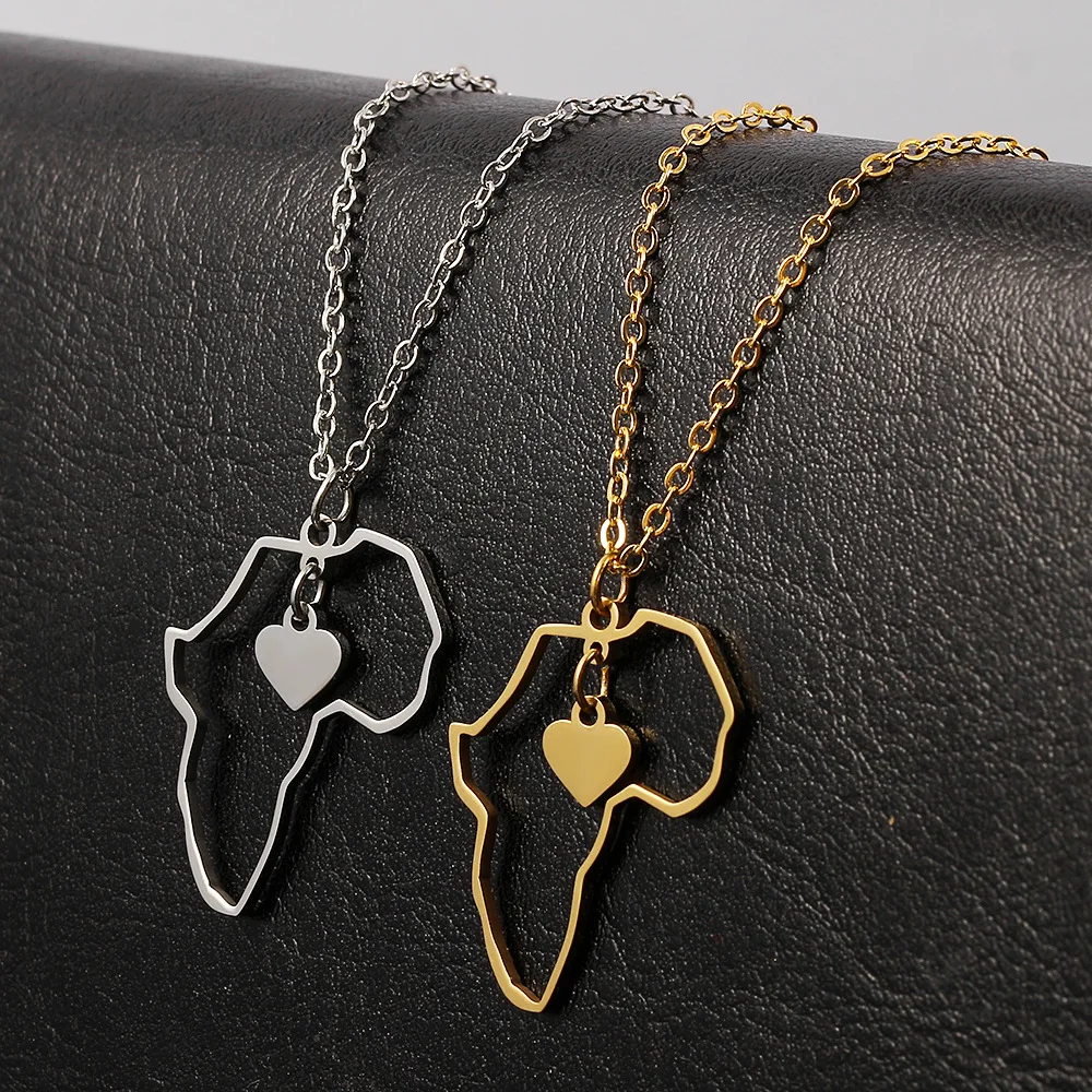 

Cross-Border Hot Sale New Africa Map Love Heart Necklace Hip-Hop Hollow Stainless Steel Heart-Shaped Necklace, Picture shows