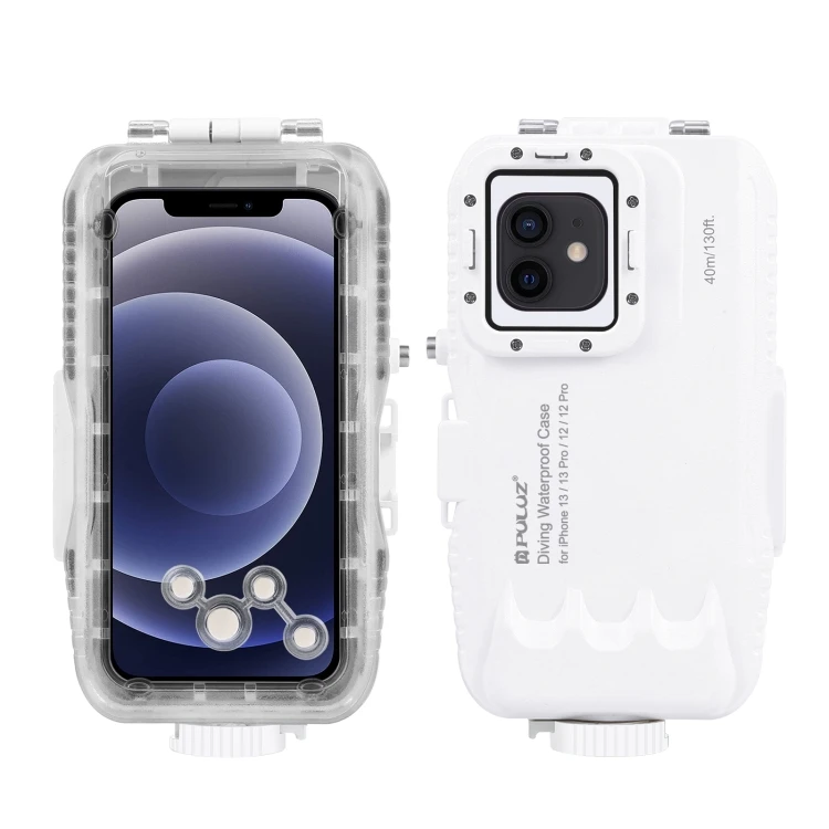 

PULUZ 40m/130ft Waterproof Diving Case for iPhone 13 / 13 Pro / 12 / 12 Pro, Photo Video Taking Underwater Housing Cover, White