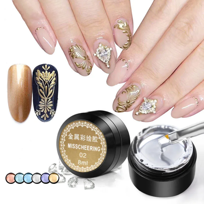 

Hot-selling 8ml metal drawing line painting gel nail polish 3d embossed silk spider mirror nail polish, 6 colors