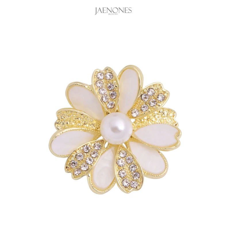 

JAENONES Wholesale Factory Fashion Designer Inspired Pearl Flower Brooch Elegant Daisy Brooch, Gold plated