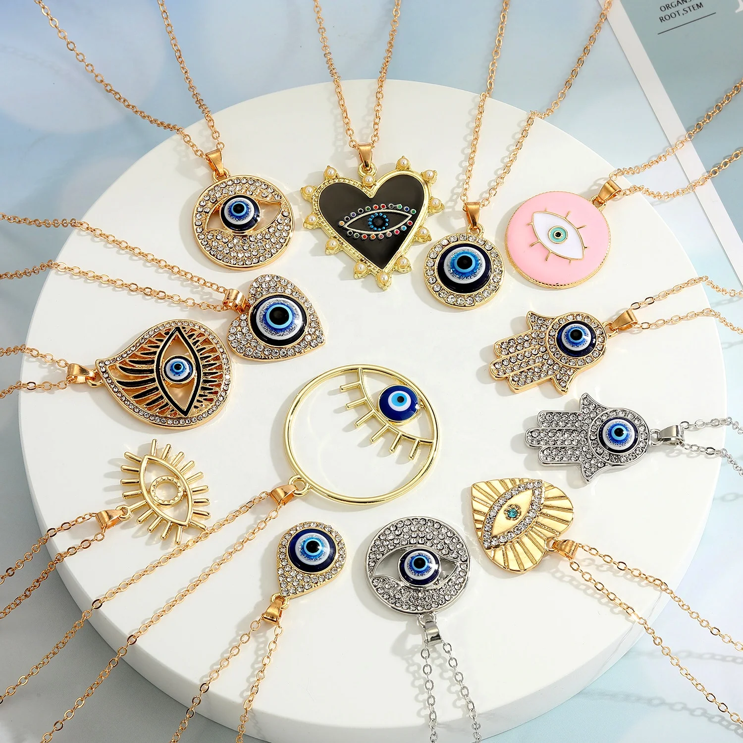 

Wholesale Bulk Gold Silver Plated Charm Heart Hasma Fatima Hands Pendant Woman Crystal Blue Turkish Evil Eye Necklace Jewelry