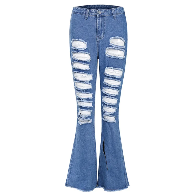 

2021 Personality new style street trend wide leg ripped horn bell bottom denim women skinny stretch jeans pant