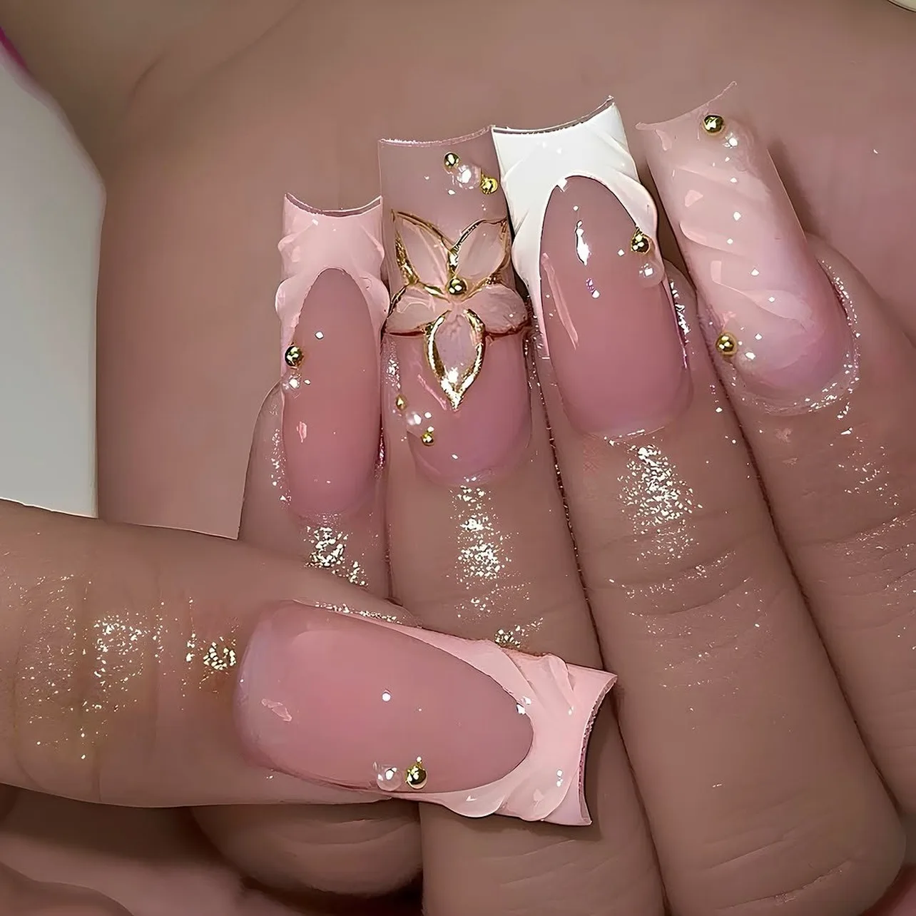24 Pcs 3778 3D Water Ripple Stereo Flower French Medium-Length Square Press on Nails Artificial Fingernails Dropshipping