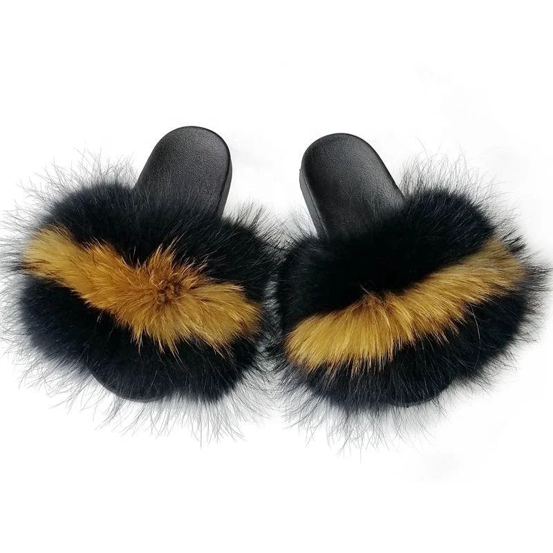 

wholesale furry fox fur slippers fluffy raccoon fur slides fuzzy women's slippers sandals, All colors can be customized