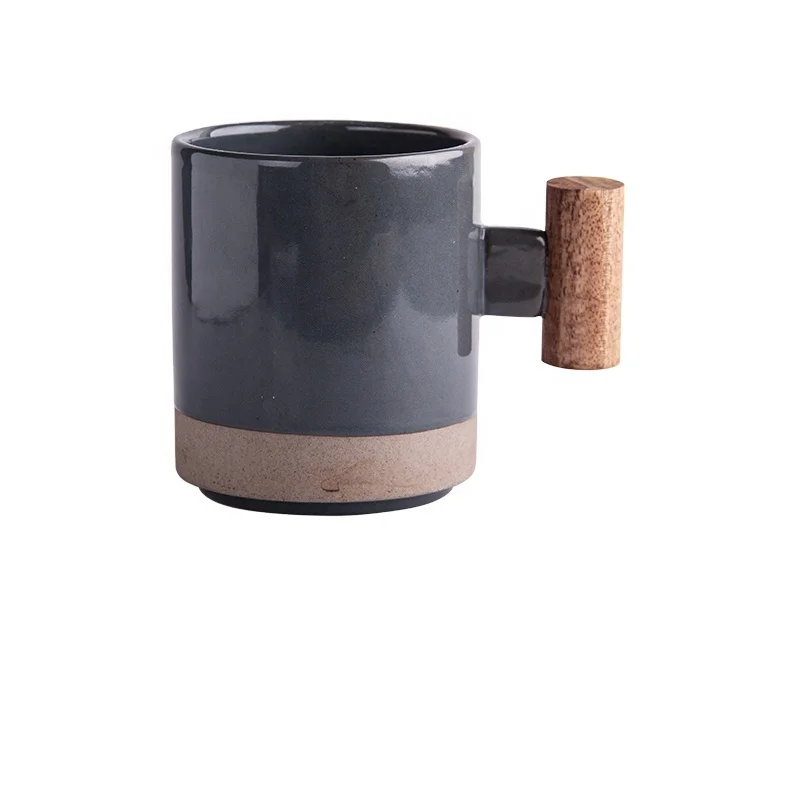 

korean style stock available color blue 350 ml 12 oz ceramic coffee mug cup with wood handle