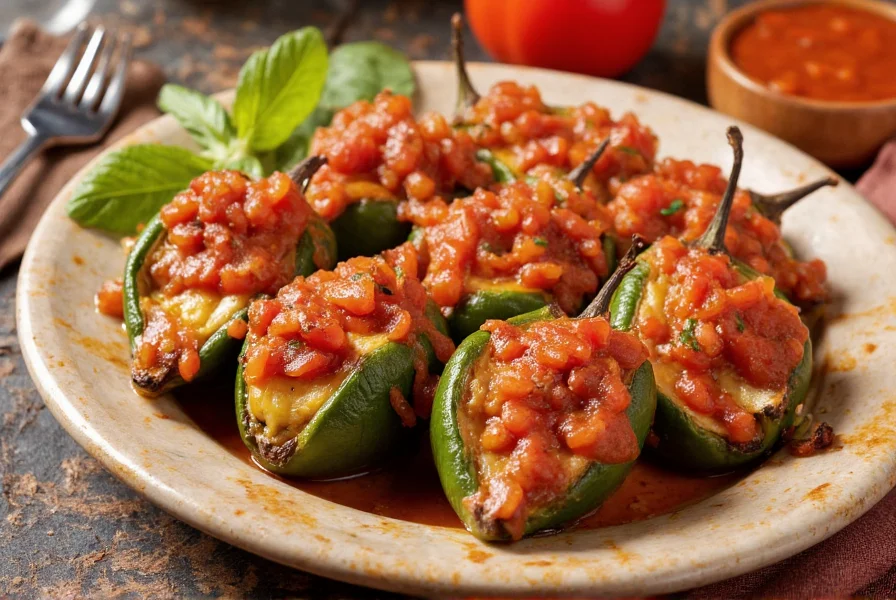 Traditional Mexican dish featuring roasted poblano peppers stuffed with cheese and topped with tomato sauce
