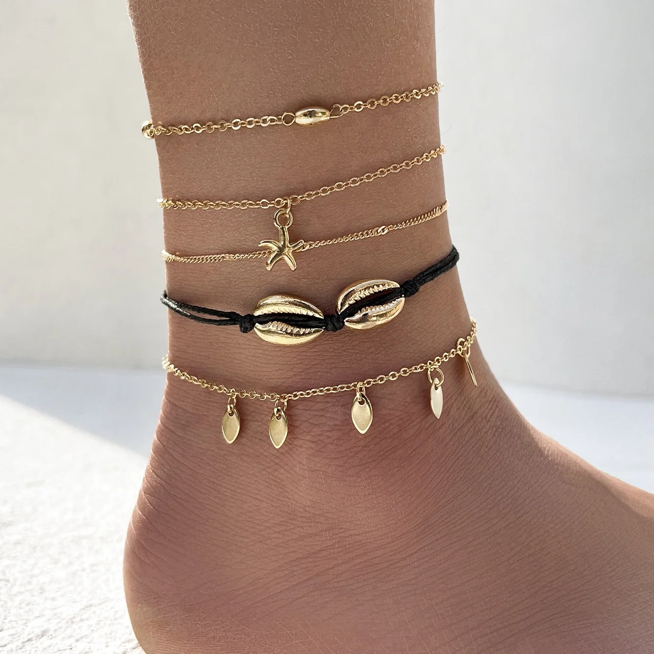 

5Pcs Women's Bohemian fashion creative starfish shell anklet set, Gold