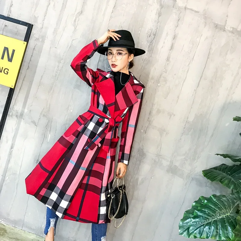 

autumn and winter new women's lapels in the long simple color matching retro plaid coat temperament windbreaker