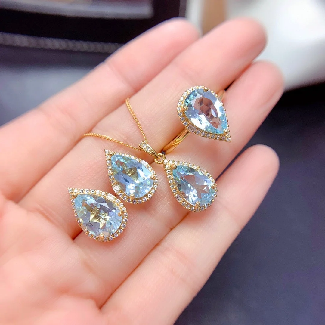 

New Blue Topaz Jewelry Set Ring Pendant Earrings for Women Water Drop Shape Gemstone Necklace Student Party Gift, Picture shows