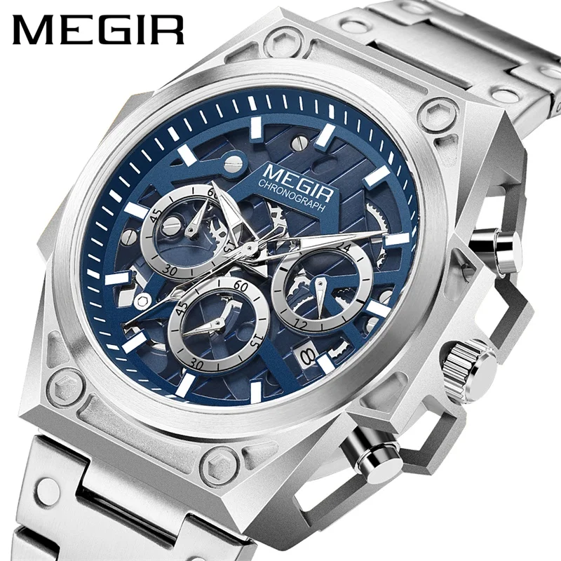 

MEGIR 4220 Sports Wrist Watch Man with Stainless Steel Band Luxury Mens Quartz Watches Waterproof Chronograph Wristwatches Clock