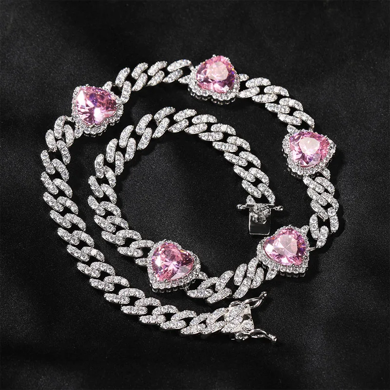 

9mm Heart Pink Cuban Link Chain necklace HipHop Bling Jewelry Brass 18K Gold Plated Iced Out Fashion Shiny Necklace
