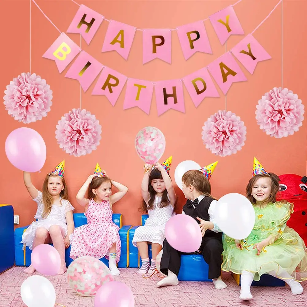 Happy Birthday Party Set Decoration Banner Paper Pompoms Latex Balloon ...