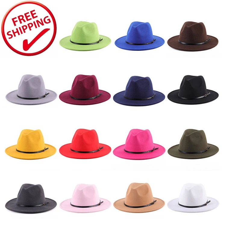 

In Stock Elegant Lady Jazz Caps Wholesale Wide Brim Women Wool Fedora Hats Women Wholesale 2021, Red, yellow, khaki, black, pink...