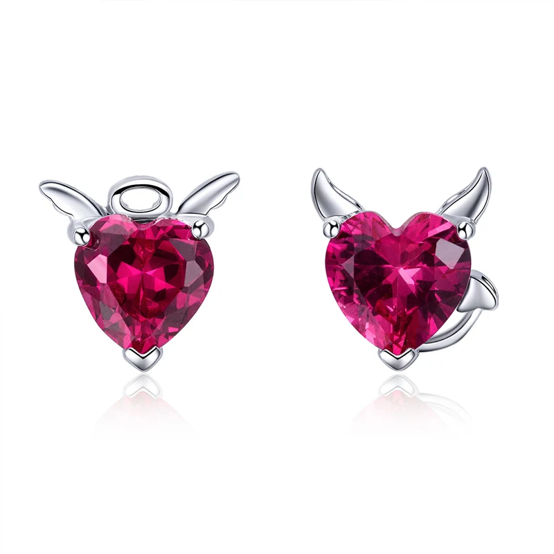

Fashion Red Zircon Heart Shaped Asymmetric Piercing Stud Earrings 925 Sterling Silver Stud Earrings for Women