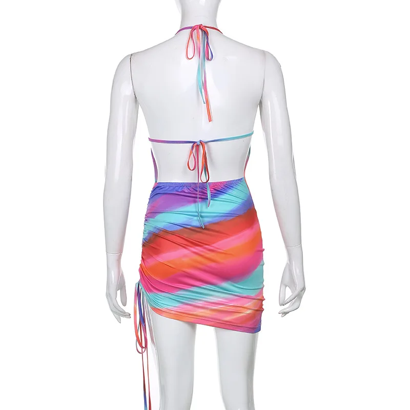 

Fashion Style V neck backless strap rainbow Girl beach party wear with pleat sexy dresses women summer casual, Shown