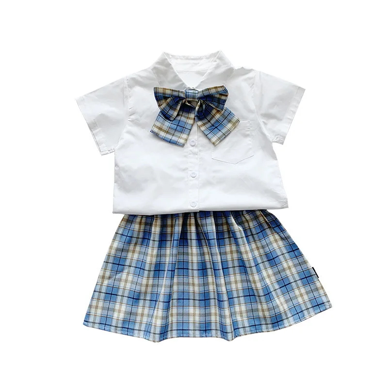 

Japan Style Preppy Style Children Summer Short Sleeve Suit Cotton Bow Shirt+Pleated Skirt 2pcs kids Girls' clothing sets, Picture
