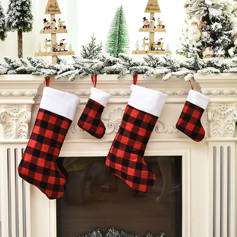 

New Christmas decorations red and black plaid plush Christmas stockings pendants gifts candy bags pendants