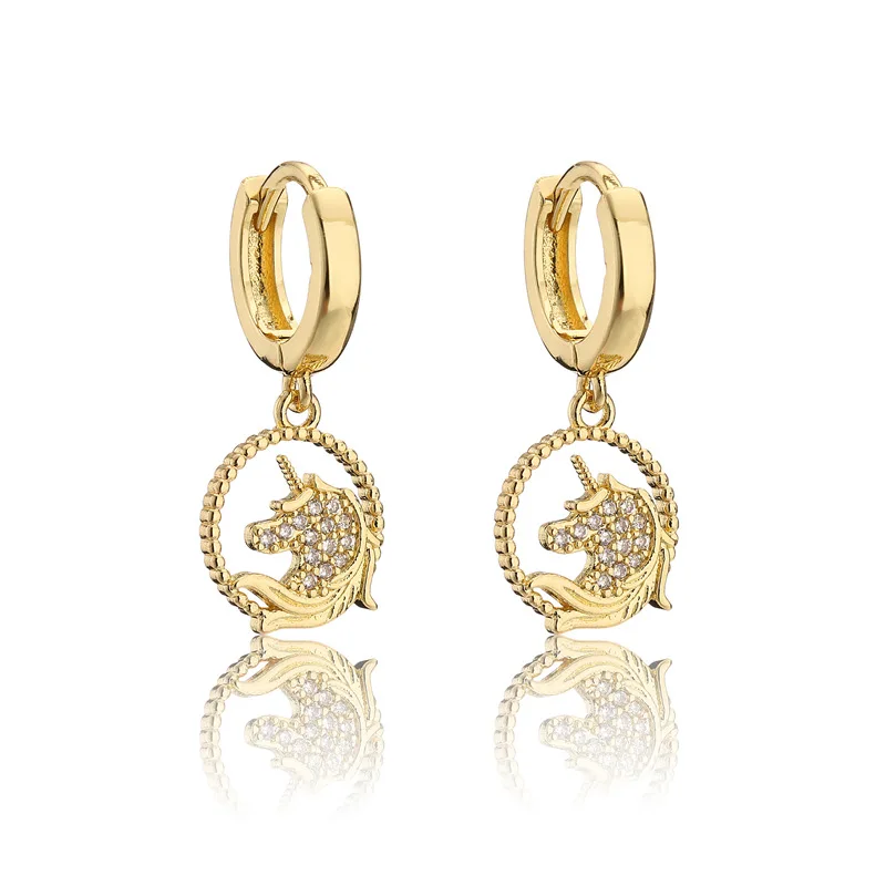 

Top Selling 18K Gold Plated CZ Animal Unicorn Drop Earrings Micro Pave Zirconia Coin Pendant Unicorn Dangle Earrings