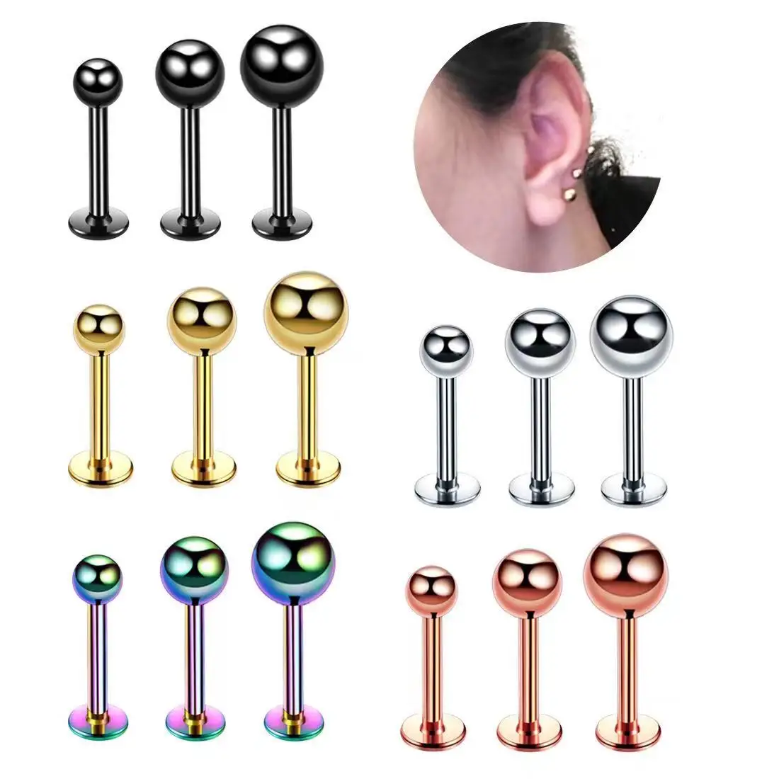 

Vacuum plated 316L stainless steel ball pierced spiral Tragus Ring cartilage human body puncture jewelry