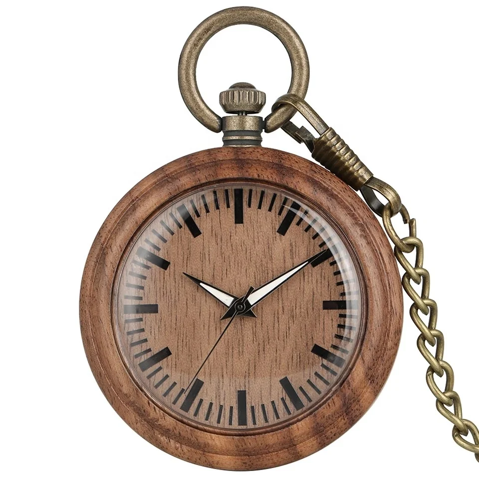 

Wholesale Custom Design Your Own Logo Pocket Watch Wooden with Bronze Pendant Chain Luminous Pointers Wood Pocket Watch