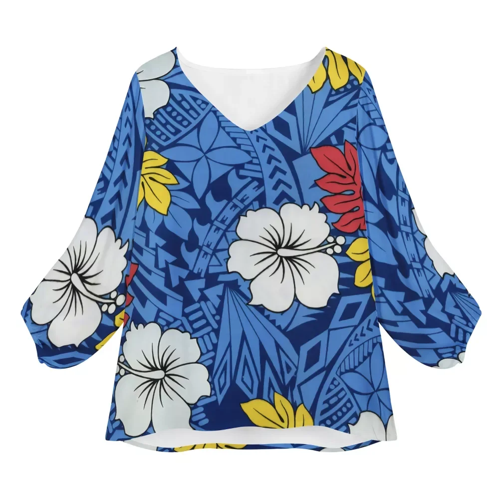 

Hibiscus Custom Polynesian Tribal design Soft Fabrics Clothes light blue Women Long Sleeve Shirt Monstera leaf Blouses Elegant, Customized color