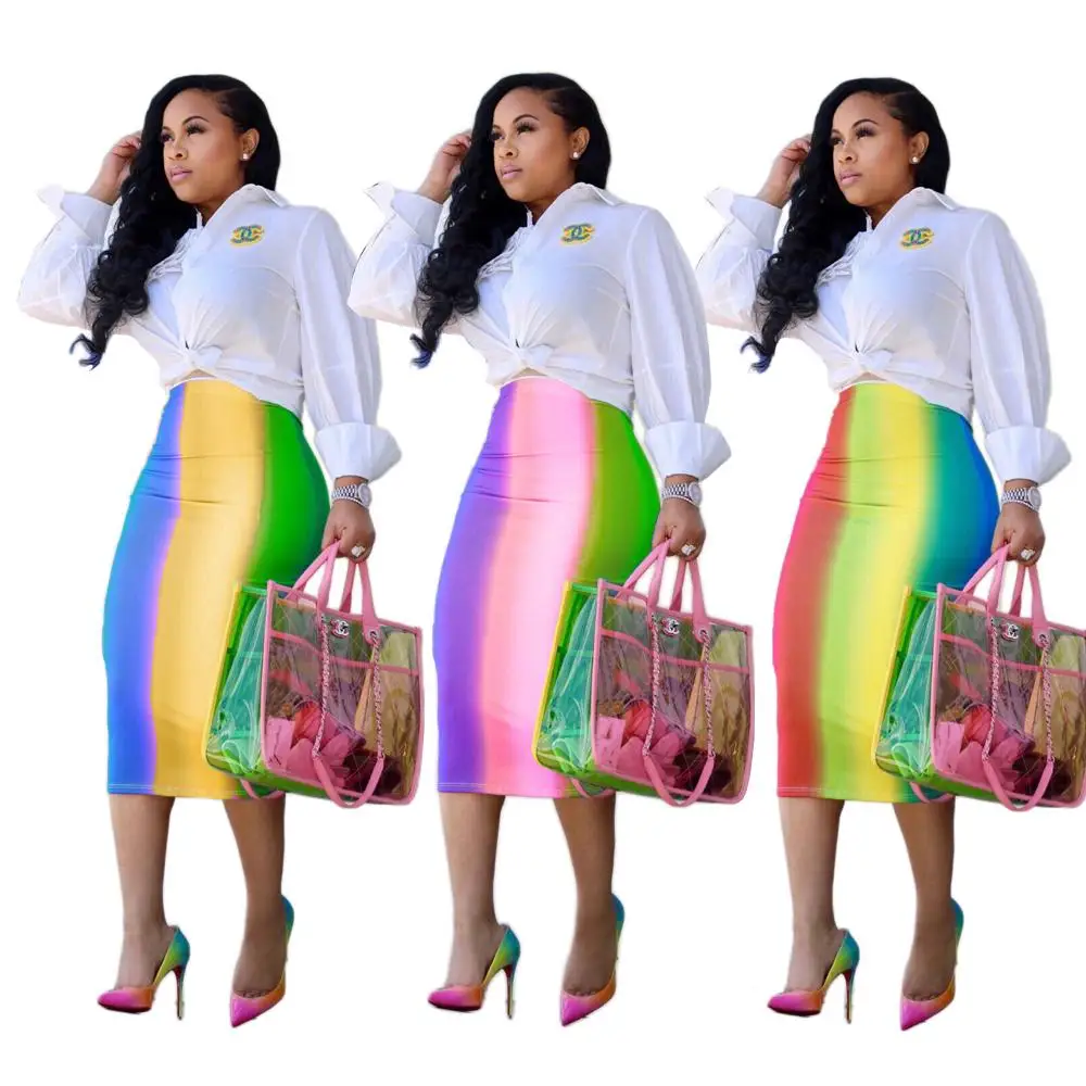 

Rainbow Candy Color Print High Waist Fashion Office Lady Wrap Midi Skirt, As picture showed