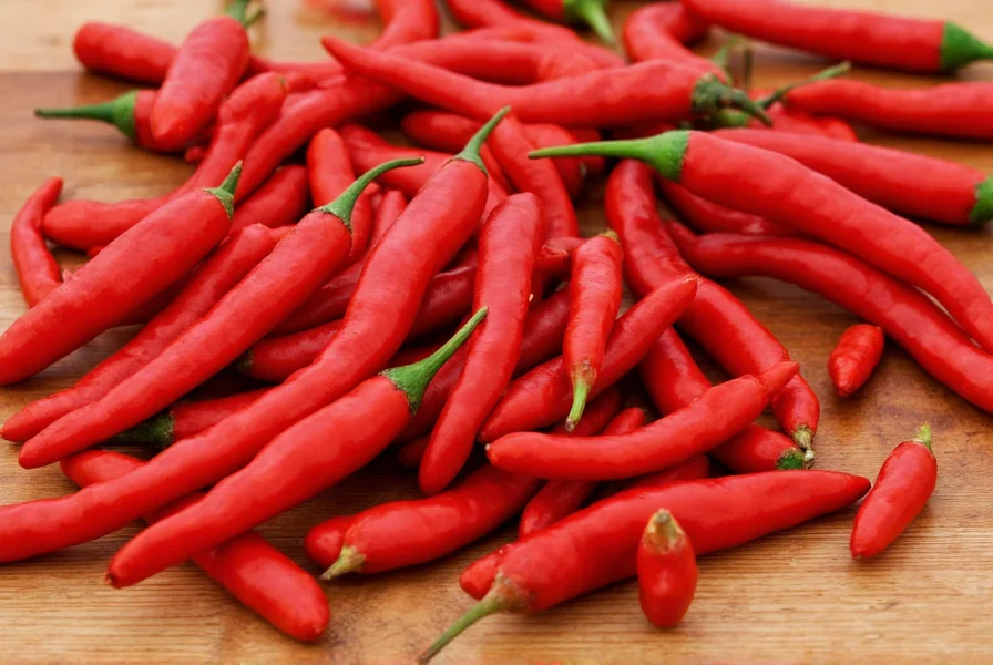 Close-up view of various red chili pepper varieties showing different shapes, sizes, and colors on wooden cutting board
