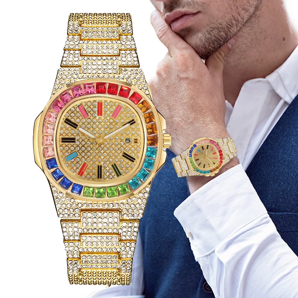 

8450 Fashion ice out diamond watch Luxury Colorful gold Full Diamond Mens Watches Square Hip Hop watch Bling