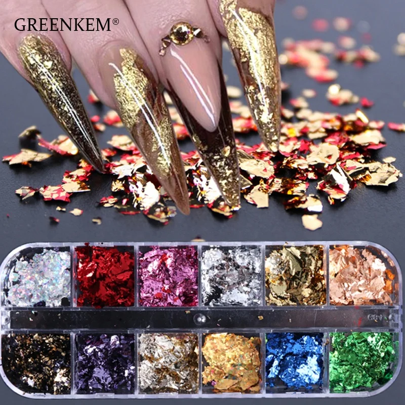 

GREENKEM 12 Grid Gold Pigment Nail Art Mirror Glitter Foils Paper Paillette Irregular Flakes 3D Aluminum Foil Nail Sequins, Photo