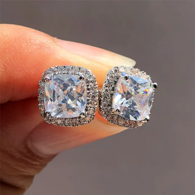 

New 2021 Luxury Female Crystal Zircon Stone Earrings Fashion Silver Color Jewelry Vintage Double Stud Earrings For Women, As the picture show