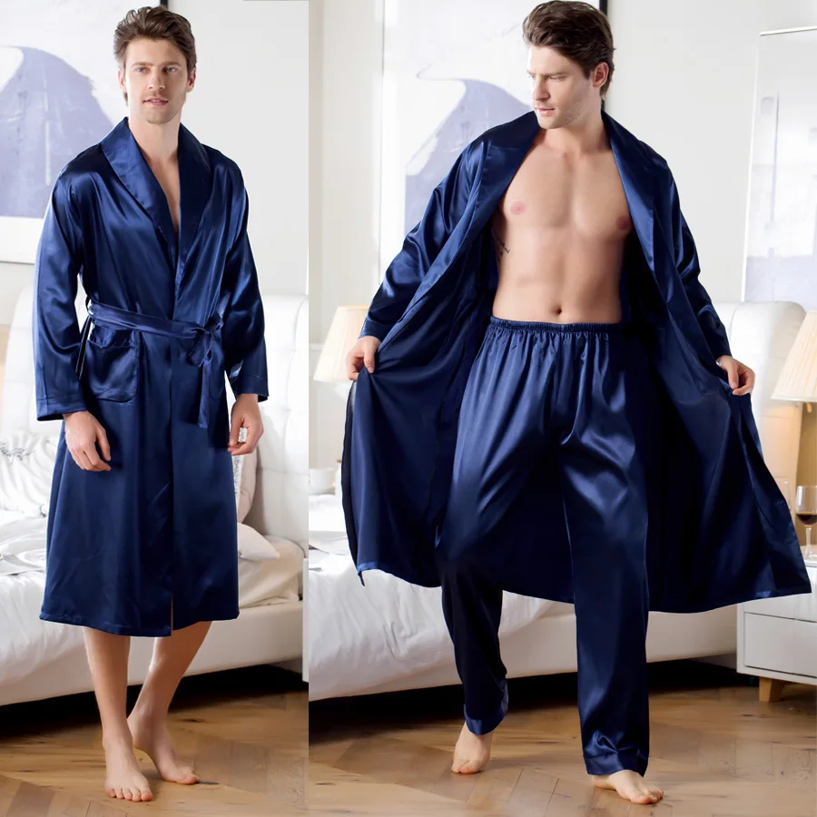 

2020 Autumn style mens long sleeve solid color silk satin robe pajamas set