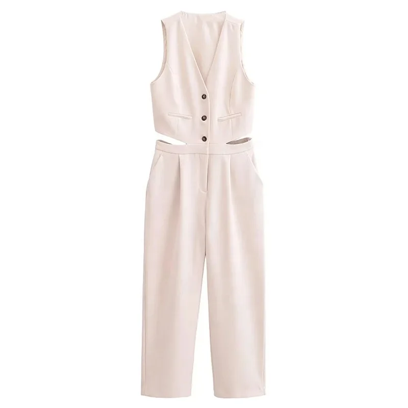 

New women's fashion simple and versatile style pleated decorative tank top jumpsuit