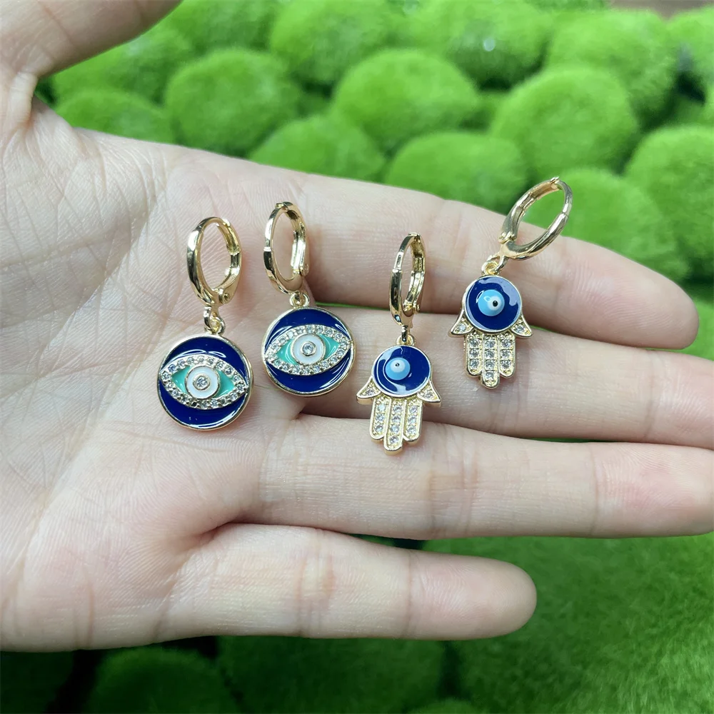 

Luxury Round Zircon CZ Turkish Eyes Pendant Earrings Real Gold Plated Blue Evils Eyes Hand Clip On Earrings For Lady Gift