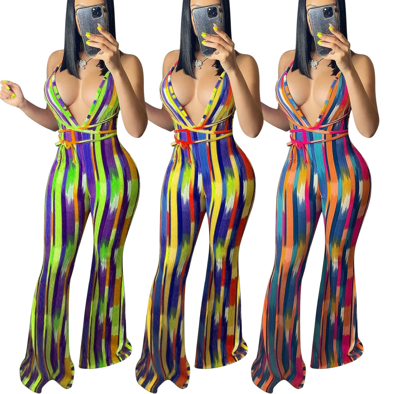 

BETTER Hot Selling Unregular striped print backless slim flared jumpsuits colorful women one-piece bodysuit