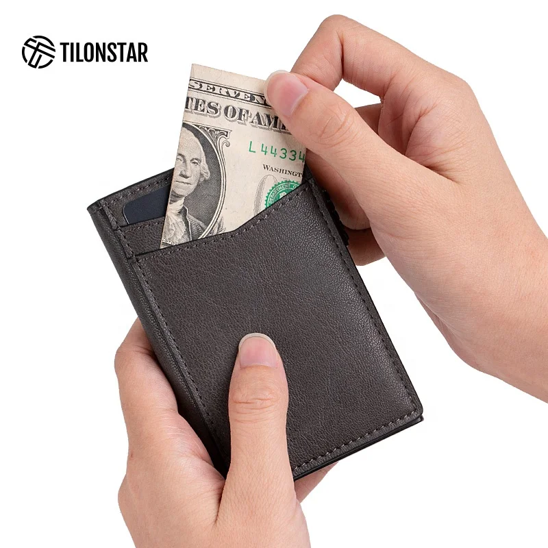 

Mens Brown Leather Bifold Credit Card Holder Wallet Minimalist Pop Up Wallet