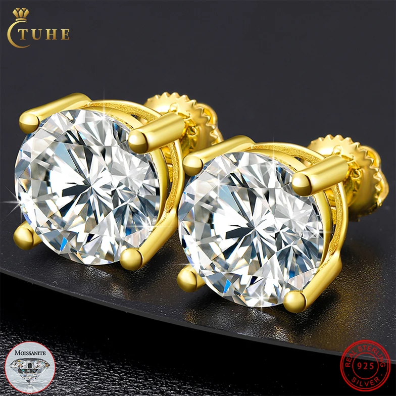 

Classic Fine Jewelry 4ct 18K Gold Plated 925 Sterling Silver VVS D Color Moissanite Hip Hop Stud Earrings With Screw Back