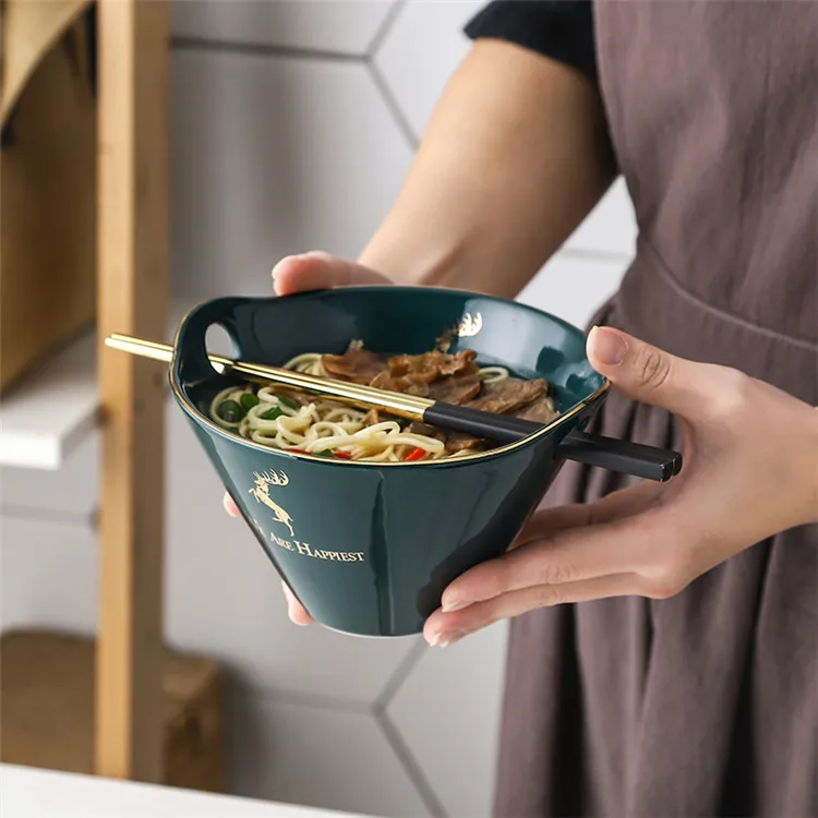 

Simple Design Dark Green Gold Rim Luxury Exquisite Europe Ceramic Ramen Bowl Set For Restaurant, Customized color