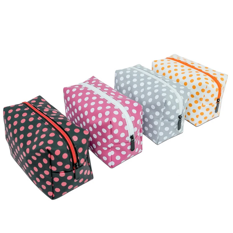 

New design zipper closure type and pu leather material lady travel large polka dot cosmetic bag, Customized color