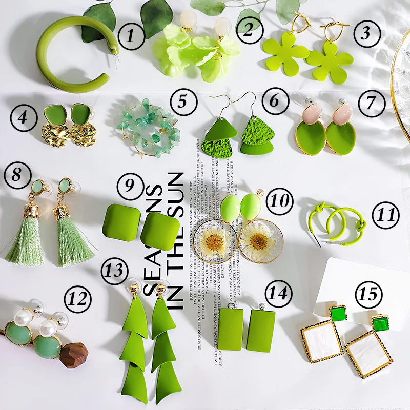 

CLARMER Wholesale New Products Avocado Green Series Earrings Geometric Floral Studs Crystal With Acrylic Alloy Earrings