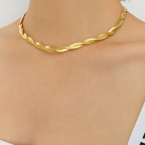 

double layer cross winding snake chain necklace bracelet stainless steel 18k gold jewelry set