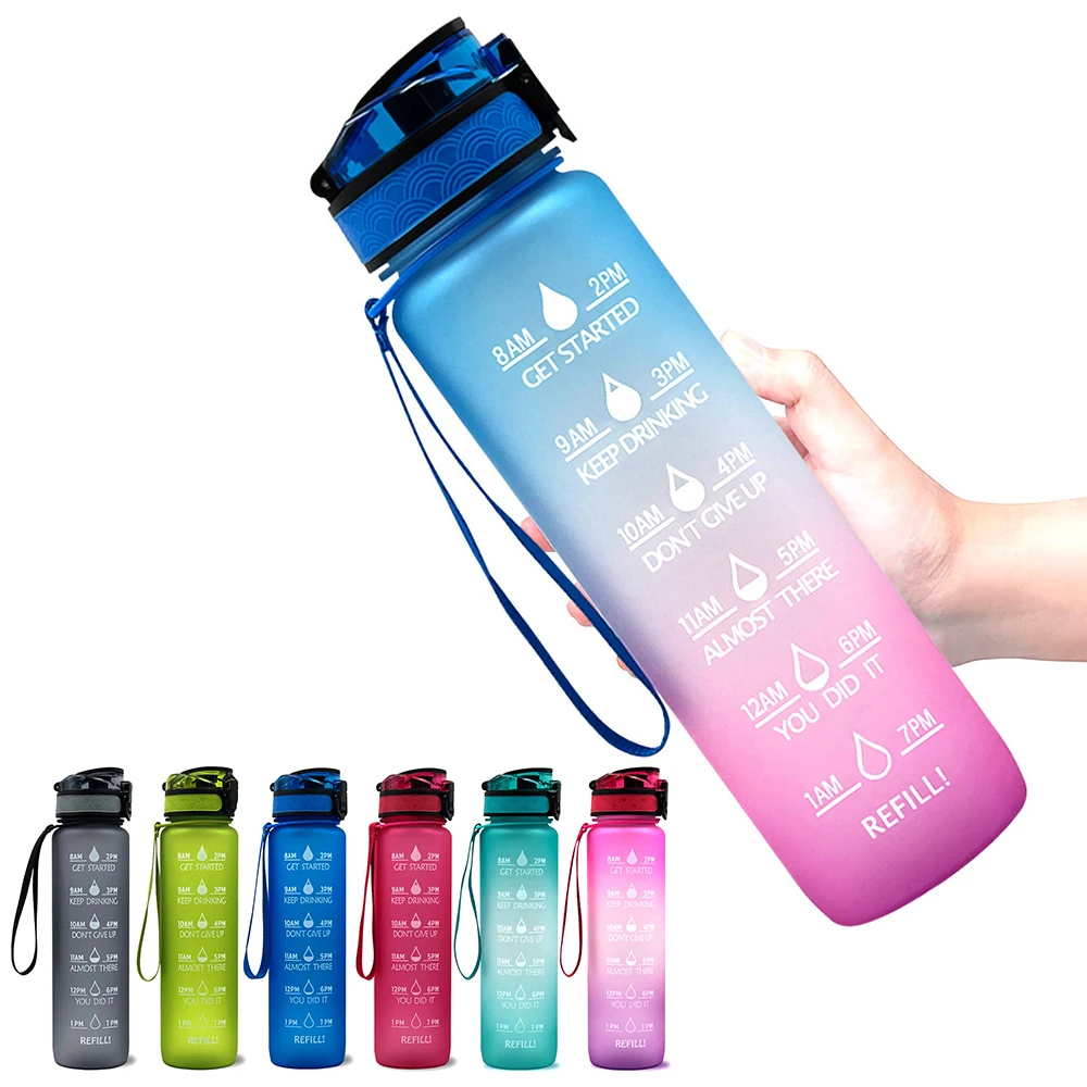 

1L Sports Bottle with Time Marker BPA Free & Leak proof Portable Reusable Drinking Kettle Fitness Sport Water Jug